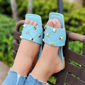 Women’s Blue Quilted Flat Slip-On Sandals Rockstud Shoes